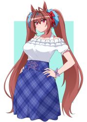 Rule 34 | 1girl, animal ears, blue background, blue skirt, border, bow, brown hair, caba (cababako), collarbone, daiwa scarlet (umamusume), frilled shirt, frills, frown, hair intakes, halterneck, highres, horse ears, horse girl, long hair, looking ahead, off shoulder, outside border, purple bow, red bow, shirt, shirt tug, skirt, solo, tiara, twintails, umamusume, unmoving pattern, very long hair, white border, white shirt, wrist bow