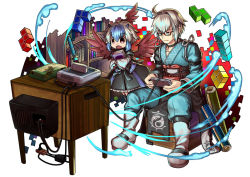 Rule 34 | 1boy, 1girl, bird wings, book, bookshelf, choker, commentary request, full body, game console, glasses, japanese clothes, katana, morichika rinnosuke, open mouth, playing games, scroll, short hair, sitting, socha, super nintendo, sword, television, tetris, tokiko (touhou), touhou, weapon, white background, wings