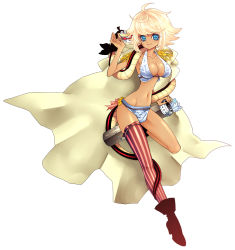 Rule 34 | 1girl, alternate color, amazon lily, amazon warrior, arrow (projectile), asymmetrical clothes, blonde hair, blue eyes, breasts, cape, cleavage, die (f mega), female focus, full body, large breasts, marguerite (one piece), one piece, short hair, simple background, single thighhigh, smile, snake, solo, striped clothes, striped thighhighs, thighhighs