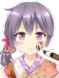 Rule 34 | 10s, 1girl, akebono (kancolle), alternate costume, bell, blush, bow, calligraphy brush, commentary request, drawing on another&#039;s face, facepaint, floral print, flower, furrowed brow, hagoita, hair bell, hair flower, hair ornament, hanetsuki, japanese clothes, jingle bell, kantai collection, kimono, long hair, looking at viewer, paddle, paintbrush, purple eyes, purple hair, rioshi, side ponytail, solo, sweatdrop, tasuki, translated, trembling, wavy mouth, white background