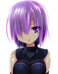 Rule 34 | 1girl, :o, bare shoulders, black gloves, blush, bodysuit, breasts, collar, elbow gloves, expressionless, eyelashes, fate/grand order, fate (series), gloves, large breasts, looking at viewer, mash kyrielight, parted lips, pink hair, purple eyes, sen (astronomy), short hair, simple background, skin tight, solo, tareme, upper body, white background