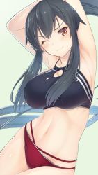 Rule 34 | 1girl, ;), armpit crease, armpits, arms up, bare arms, bare shoulders, bikini, black hair, blush, breasts, brown eyes, bunches, cleavage, cleavage cutout, closed mouth, clothing cutout, covered erect nipples, groin, halterneck, highres, impossible clothes, impossible swimsuit, kantai collection, large breasts, long hair, looking at viewer, multi-strapped bikini, navel, one eye closed, seams, sideboob, sidelocks, skindentation, smile, solo, stomach, swimsuit, urigarasu, v-shaped eyebrows, yahagi (kancolle)