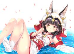 Rule 34 | 1girl, animal ear fluff, animal ears, armpits, ass, azur lane, black hair, brown eyes, detached sleeves, fox ears, highres, hood, japanese clothes, knees up, legs, legs up, long hair, lying, nagato (azur lane), nagato (great fox&#039;s white gown) (azur lane), on back, oz snowrose, partially submerged, pinky out, smile, socks, solo, string, string of fate, water, wet, wet clothes
