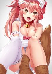 Rule 34 | 1girl, animal ear fluff, animal ears, animal hands, apron, arm garter, bad id, bad pixiv id, bell, breasts, bridal garter, cat hair ornament, cleavage, collar, fangs, fate/grand order, fate (series), fox ears, fox tail, gloves, hair ornament, highres, jingle bell, large breasts, maid headdress, naked apron, neck bell, open mouth, paw gloves, paw shoes, pink hair, shoes, single thighhigh, sitting, solo, strap slip, tail, tamamo (fate), tamamo cat (fate), tamamo cat (third ascension) (fate), thighhighs, tomojo, white thighhighs, yellow eyes