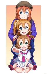 Rule 34 | 10s, 3girls, absurdres, age difference, aged down, aged up, alternate universe, beret, blue eyes, brown hair, green eyes, hat, highres, in-franchise crossover, kosaka honoka, lineup, love live!, love live! school idol project, love live! sunshine!!, love live! the school idol movie, multiple girls, one side up, open mouth, orange hair, school uniform, serafuku, shiimai, short hair, trait connection, v