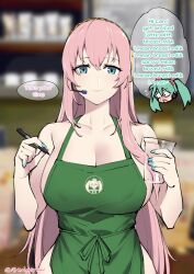 Rule 34 | 2girls, apron, aqua eyes, aqua hair, bare shoulders, barista, blurry, blurry background, breasts, cafe, coffee cup, commentary, cup, disposable cup, english commentary, english text, ge-b, green apron, hatsune miku, headset, highres, holding, holding cup, holding marker, holding pen, iced latte with breast milk (meme), large breasts, long hair, looking at viewer, marker, megurine luka, meme, multiple girls, naked apron, nearly naked apron, pen, pink hair, smile, twintails, very long hair, vocaloid