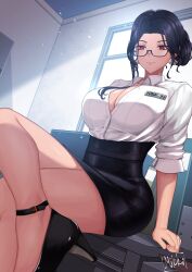 Rule 34 | 1girl, absurdres, anklet, artist name, bare legs, black footwear, black hair, black skirt, breasts, character name, cleavage, closed mouth, collared shirt, crossed legs, desk, earrings, glasses, high-waist skirt, high heels, highres, jewelry, large breasts, long hair, mikko 18, mole, mole on breast, mole under eye, name tag, nijisanji, nijisanji en, office, office lady, on desk, partially unbuttoned, red eyes, scarle yonaguni, semi-rimless eyewear, shirt, shirt tucked in, sitting, skirt, smile, solo, virtual youtuber, white shirt, window