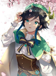 Rule 34 | 1boy, aniroud, artist name, beret, black bow, black hair, blue eyes, bow, braid, branch, brooch, buttons, cape, center frills, cherry blossoms, collared cape, corset, dappled sunlight, falling petals, flower, frilled sleeves, frills, gem, genshin impact, gradient hair, green cape, green hat, hand in own hair, hand up, hat, hat flower, highres, jewelry, long sleeves, looking up, male focus, multicolored hair, open mouth, petals, shirt, short hair with long locks, side braids, solo, sunlight, swept bangs, twin braids, venti (genshin impact), vision (genshin impact), white background, white shirt