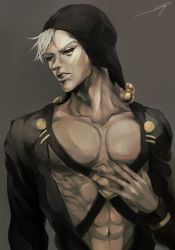 Rule 34 | 1boy, absurdres, bare pectorals, black sclera, colored sclera, crossed belts, grey hair, hand on own chest, hat, hat bobbles, highres, jojo no kimyou na bouken, male focus, muscular, muscular male, pectorals, red eyes, risotto nero, sano (hospital 0434), solo, vento aureo
