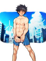 Rule 34 | 1boy, black hair, blue shorts, blush, cityscape, cum, cum on body, cum on clothes, cum on male, erection, feet out of frame, highres, kamijou touma, looking at viewer, male focus, male pubic hair, open mouth, penis, pubic hair, robokeh, short hair, shorts, solo, spiked hair, testicles, toaru majutsu no index, toned, toned male, topless male, uncensored