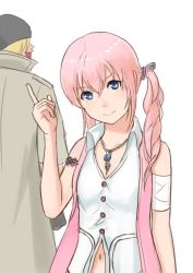 Rule 34 | 1boy, 1girl, bandana, blonde hair, blue eyes, breasts, closed mouth, final fantasy, final fantasy xiii, gesomaru, jewelry, long hair, looking at viewer, necklace, pink hair, serah farron, side ponytail, simple background, smile, snow villiers, white background