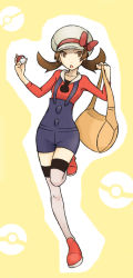 Rule 34 | 00s, 1girl, bad id, bad pixiv id, bag, brown eyes, brown hair, cabbie hat, creatures (company), game freak, gan (pixiv), hat, hat ribbon, holding, holding poke ball, iwao (pixiv258710), kneehighs, long image, lyra (pokemon), nintendo, overalls, poke ball, poke ball (basic), poke ball theme, pokemon, pokemon hgss, red ribbon, ribbon, short twintails, socks, solo, tall image, thighhighs, twintails
