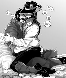 Rule 34 | 2boys, ass grab, bara, beard, card, couple, cowboy hat, facial hair, from side, grabbing another&#039;s ass, graves (league of legends), greyscale, groping, hair slicked back, hand under clothes, hat, hat over eyes, heart, karipaku, league of legends, long hair, male focus, mature male, monochrome, multiple boys, muscular, muscular male, mustache, on bed, pants, playing card, shoes, short hair, sitting, sitting on lap, sitting on person, spoken heart, sweatdrop, thick eyebrows, twisted fate, yaoi