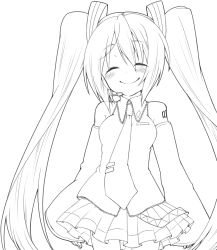 Rule 34 | blush, detached sleeves, closed eyes, greyscale, hatsune miku, headset, lineart, long hair, monochrome, necktie, skirt, smile, solo, twintails, velpaw, very long hair, vocaloid