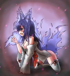 Rule 34 | 1girl, animal ears, arm support, ass, aura, bad id, bad pixiv id, bare shoulders, blue fire, blue hair, blush, bottomless, bow, breasts, cleavage, fang, fire, fox ears, glowing, japanese clothes, kitsune, kitsune-tsuki, kitsune-tsuki (monster girl encyclopedia), kneeling, long hair, looking away, medium breasts, monster girl, monster girl encyclopedia, monster girl encyclopedia ii, open mouth, profile, purple eyes, ribbon, solo, spirit, sud (sudea), thighhighs, white thighhighs, wide sleeves