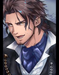 Rule 34 | 1boy, :d, belmond banderas, black jacket, brown eyes, brown hair, collared shirt, commentary request, dress shirt, facial hair, highres, jacket, looking at viewer, male focus, nijisanji, open mouth, parted bangs, pillarboxed, shirt, smile, solo, stubble, thick eyebrows, townoise, v-shaped eyebrows, virtual youtuber, white shirt