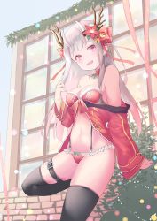 Rule 34 | 1girl, antlers, bell, black thighhighs, bra, breasts, commentary request, detached collar, flower, hair bell, hair flower, hair ornament, harada haruki, highres, hololive, horns, jacket, jingle bell, medium breasts, mixed horns, nakiri ayame, off shoulder, panties, red bra, red jacket, red panties, skin-covered horns, solo, standing, standing on one leg, thigh strap, thighhighs, underwear, virtual youtuber