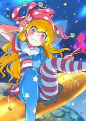 Rule 34 | 1girl, absurdres, american flag dress, american flag legwear, blush, clownpiece, confetti, hand up, hat, highres, jester cap, long hair, looking at viewer, moon, pantyhose, purple eyes, riding, short sleeves, smile, solo, space, star (symbol), torch, touhou, v, zk (zk gundan)