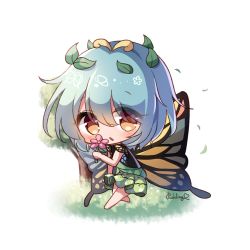 Rule 34 | 1girl, :o, antennae, artist name, barefoot, blue hair, blush, butterfly wings, chibi, commentary request, daisy, dress, eternity larva, eyes visible through hair, falling leaves, flower, full body, green dress, hair between eyes, hair ornament, highres, holding, holding flower, insect wings, leaf, leaf hair ornament, looking at viewer, orange eyes, pink flower, pudding (skymint 028), short hair, simple background, smelling flower, solo, touhou, white background, wings