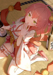 Rule 34 | 1girl, ahoge, alcohol, bell, blush, bottle, breasts, bridal garter, cleavage, closed mouth, commentary, cup, detached sleeves, english commentary, floral print, frilled skirt, frills, from above, full body, geta, green eyes, hair bell, hair between eyes, hair ornament, hair ribbon, holding, holding cup, hololive, japanese clothes, kimono, licking lips, long hair, looking at viewer, medium breasts, obi, paw print, paw print pattern, pink footwear, pink hair, pink skirt, ribbon, sake, sake bottle, sakura miko, sakura miko (1st costume), sangan 35p, sash, side ponytail, single thighhigh, sitting, skirt, smile, solo, tassel, tatami, thigh strap, thighhighs, thighs, tongue, tongue out, virtual youtuber, wariza, white kimono, white thighhighs, wide sleeves, x hair ornament, zettai ryouiki