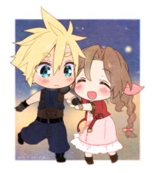 Rule 34 | 1boy, 1girl, aerith gainsborough, armor, baggy pants, bangle, belt, blonde hair, blue eyes, blue pants, blush, boots, border, bracelet, braid, braided ponytail, brown hair, chibi, closed eyes, cloud strife, couple, cropped jacket, dress, final fantasy, final fantasy vii, final fantasy vii remake, full body, gloves, hair between eyes, hair ribbon, holding another&#039;s arm, jacket, jewelry, krudears, long dress, long hair, multiple belts, open mouth, pants, parted bangs, pink dress, red jacket, ribbon, short hair, shoulder armor, sidelocks, sleeveless, sleeveless turtleneck, smile, spiked hair, square enix, suspenders, thick eyebrows, turtleneck, wavy hair