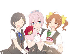Rule 34 | 10s, 3girls, :d, ahoge, birthday cake, black hair, blouse, blue eyes, blue ribbon, blush, bouquet, brown hair, cake, character name, closed eyes, dated, eyebrows, flower, food, gloves, green ribbon, hair ornament, hair ribbon, hairclip, happy birthday, hiroe (cosmos blue-02 421), holding, holding plate, jewelry, kagerou (kancolle), kantai collection, kuroshio (kancolle), multiple girls, neck ribbon, open mouth, parted lips, pink hair, plate, pleated skirt, pocket, ponytail, red ribbon, ribbon, ring, school uniform, shiranui (kancolle), shirt, short hair, short sleeves, simple background, skirt, smile, twintails, vest, wedding band, white background, white gloves, white shirt, yellow ribbon