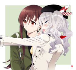 Rule 34 | 2girls, :d, :o, adapted costume, alternate costume, beret, black hat, black shirt, blue eyes, blush, breasts, brown eyes, brown hair, female focus, green jacket, hat, implied self shot, index finger raised, jacket, kantai collection, kashima (kancolle), long hair, long sleeves, looking to the side, medium breasts, multiple girls, official alternate costume, ooi (kancolle), open mouth, outstretched arm, shirt, silver hair, simple background, smile, sumeragi hamao, tsurime, twintails, v, wavy hair, white background, white jacket