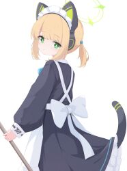Rule 34 | 1girl, absurdres, apron, black dress, blonde hair, blue archive, blush, cat tail, closed mouth, dress, frilled apron, frilled dress, frills, green eyes, green halo, halo, highres, long sleeves, maid, maid apron, maid headdress, midori (blue archive), midori (maid) (blue archive), official alternate costume, puffy long sleeves, puffy sleeves, rokukarashi, short hair, simple background, smile, solo, tail, white apron, white background