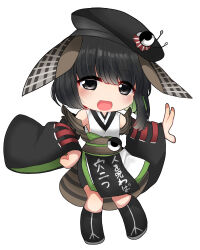 Rule 34 | 1other, absurdres, bare shoulders, black eyes, black footwear, black hair, black hat, black shorts, chibi, detached sleeves, feather hair ornament, feathers, green hair, hair ornament, hand on own hip, hat, highres, indie virtual youtuber, light blush, open mouth, ougi hina, short hair with long locks, shorts, simple background, smile, solo, tabinoki kanae, tabinoki kanae (1st costume), virtual youtuber, youtube