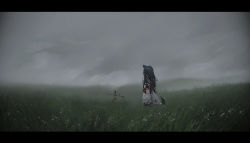 Rule 34 | 1girl, absurdres, animal ears, arknights, black hair, blood, blood on clothes, coat, ear piercing, grass, grey sky, highres, lappland (arknights), letterboxed, long hair, official alternate costume, outdoors, overcast, piercing, planted, planted sword, planted weapon, sky, solo, sword, tail, texas (arknights), texas (winter messenger) (arknights), very long hair, weapon, white coat, wolf ears, wolf girl, wolf tail, yangli myrica