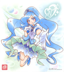Rule 34 | 1girl, :d, blue eyes, blue footwear, blue hair, blue vest, cure fontaine, dress, floating hair, gloves, hair ornament, healin&#039; good precure, heart, heart hair ornament, highres, jewelry, layered dress, long hair, looking at viewer, official art, open mouth, outstretched arm, pendant, precure, reaching, reaching towards viewer, sawaizumi chiyu, short dress, short sleeves, smile, solo, swept bangs, very long hair, vest, white background, white dress, white gloves, white sleeves