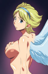 Rule 34 | 1girl, angel wings, blonde hair, blue eyes, breasts, breath of fire, breath of fire i, capcom, covering privates, covering breasts, hand on own breast, ichijiku, looking at viewer, nina (breath of fire i), nude, short hair, solo, upper body, white wings, wings