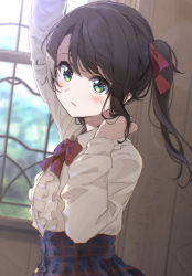 Rule 34 | 1girl, arm up, bad id, bad pixiv id, black hair, black skirt, blouse, blurry, blurry background, blush, bow, center frills, collared shirt, depth of field, frilled shirt, frills, from side, green eyes, hair between eyes, hair bow, hand up, hololive, icehotmilktea, indoors, long hair, long sleeves, looking at viewer, looking to the side, meme attire, oozora subaru, oozora subaru (casual), parted lips, red bow, shirt, skirt, solo, twintails, virgin killer outfit, virtual youtuber, white shirt, window