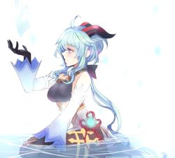 Rule 34 | 1girl, ahoge, bare shoulders, bell, black gloves, black legwear, blue hair, bow, breasts, chinese knot, detached sleeves, flower knot, ganyu (genshin impact), genshin impact, gloves, gold trim, horns, long hair, looking to the side, low ponytail, medium breasts, neck bell, partially submerged, puffphox, purple eyes, seiza, sidelocks, sitting, solo, thighlet, vision (genshin impact), white background, white sleeves