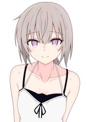 1girl absurdres bare_shoulders bow collarbone girls&#039;_frontline gotoo grey_hair highres looking_at_viewer m200_(girls&#039;_frontline) purple_eyes simple_background smile solo tank_top white_background