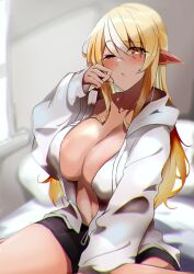 Rule 34 | 1girl, alternate costume, arm behind back, black shorts, blonde hair, blush, breasts, casual, cleavage, commentary, dark-skinned female, dark skin, feet out of frame, hair between eyes, hand on own face, highres, hololive, hood, hood down, hooded jacket, jacket, large breasts, long hair, looking at viewer, morning, multicolored hair, navel, no bra, on bed, one eye closed, open clothes, open jacket, parted lips, pillow, pointy ears, red eyes, shiranui flare, short shorts, shorts, sitting, sleepy, solo, tearing up, tears, two-tone hair, virtual youtuber, wariza, white hair, window, yamaki (yamaki801)