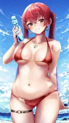 Rule 34 | 1girl, absurdres, bare shoulders, bikini, black ribbon, blush, breasts, cleavage, closed mouth, cloud, cloudy sky, collarbone, day, earrings, hair between eyes, hair ribbon, halterneck, heart, heart earrings, heart necklace, heterochromia, highres, hololive, houshou marine, houshou marine (summer), jewelry, large breasts, long hair, looking at viewer, navel, necklace, o-ring, o-ring thigh strap, official alternate costume, outdoors, red bikini, red eyes, red hair, ribbon, sky, solo, string bikini, swimsuit, thigh strap, thighs, twintails, u da desu, virtual youtuber, yellow eyes