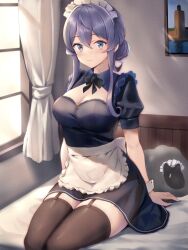 Rule 34 | 1girl, alternate costume, bedroom, black skirt, black thighhighs, blue eyes, blue hair, breasts, cleavage, cleavage cutout, clothing cutout, curtains, enmaided, garter straps, gotland (kancolle), highres, kantai collection, kotou yogen, large breasts, long hair, looking at viewer, maid, maid headdress, mole, mole under eye, sheep, sitting, skirt, solo, thighhighs, window, wrist cuffs