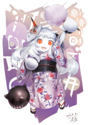 Rule 34 | 1girl, colored skin, food, full body, horns, japanese clothes, kantai collection, kimono, long hair, looking at viewer, mask, mask on head, northern ocean princess, open mouth, pale skin, red eyes, sandals, toka (marchlizard), white hair, white skin, yukata