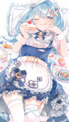 Rule 34 | 1girl, 247 (nsn na7), :3, :q, absurdres, apron, bed, bed sheet, blue choker, blue dress, blue eyes, blue hair, blue nails, cake, cake slice, candy, checkerboard cookie, choker, cookie, dress, faruzan (cafe) (genshin impact), faruzan (genshin impact), food, food on face, frilled apron, frilled sleeves, frilled thighhighs, frills, fruit, garter straps, genshin impact, green nails, hair ornament, hand on own cheek, hand on own face, highres, holding, holding cake, holding food, jelly bean, lollipop, long hair, lying, macaron, maid, maid day, maid headdress, multicolored nails, official alternate costume, on back, on bed, petticoat, pillow, pinafore dress, puffy short sleeves, puffy sleeves, short sleeves, single garter strap, sleeveless, sleeveless dress, solo, spoon, strawberry, strawberry cake, sweets, swirl lollipop, thighhighs, thumbprint cookie, tongue, tongue out, twintails, waist apron, white apron, white thighhighs, wrist cuffs, x hair ornament