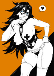 Rule 34 | 10s, 1girl, areola slip, artist name, belt, belt buckle, black background, black hair, blue eyes, bodysuit, boku no hero academia, breasts, broken handcuffs, buckle, commentary, covered erect nipples, cross pasties, cuffs, dandon fuga, domino mask, garter straps, gold trim, hand on own hip, hand up, handcuffs, happy, heart, large breasts, leaning forward, long hair, looking to the side, mask, midnight (boku no hero academia), mole, mole under eye, monochrome, orange background, panties, parted lips, partial monochrome, partially colored, pasties, skin tight, smile, solo, speech bubble, spiked hair, spoken heart, spot color, standing, tape, tape on nipples, teeth, thighhighs, underwear, very long hair