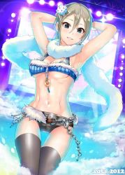 Rule 34 | 10s, 1girl, armpits, arms behind head, arms up, ashita (2010), bad id, bad twitter id, black eyes, blush, breasts, chain, grey hair, hair ornament, idolmaster, idolmaster cinderella girls, large breasts, looking at viewer, open mouth, scarf, shiomi syuko, short hair, smile, solo, thighhighs