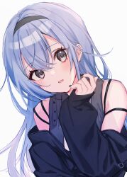 Rule 34 | 1girl, absurdres, bare shoulders, black hairband, black jacket, black nails, black shirt, blue hair, blurry, blush, breasts, commentary, depth of field, dot nose, grey background, hair between eyes, hairband, hand up, highres, idolmaster, idolmaster shiny colors, idolmaster shiny colors song for prism, jacket, long hair, long sleeves, looking at viewer, medium breasts, miyakoto, nail polish, off shoulder, open mouth, purple eyes, shirt, simple background, sleeveless, sleeveless shirt, solo, suzuki hana, upper body