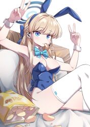 Rule 34 | 1girl, absurdres, animal ears, aqua bow, aqua bowtie, bare shoulders, blonde hair, blue archive, blue halo, blue leotard, bow, bowtie, breasts, cleavage, commentary request, covered navel, double v, fake animal ears, food, golmonggu, halo, highres, korean commentary, leotard, long hair, looking at viewer, medium breasts, mouth hold, official alternate costume, playboy bunny, rabbit ears, simple background, sitting, solo, thighhighs, toki (blue archive), toki (bunny) (blue archive), v, white background, white thighhighs