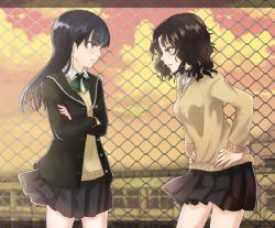 Rule 34 | 2girls, amagami, ayatsuji tsukasa, bad id, bad pixiv id, black hair, black skirt, blazer, bow, cardigan, chain-link fence, commentary request, cowboy shot, crossed arms, dusk, face-to-face, facing another, fence, from side, glaring, green bow, grey eyes, hands on own hips, highres, himaneko, jacket, leaning forward, letterboxed, long hair, looking at another, messy hair, multiple girls, open clothes, open jacket, red sky, rooftop, school, school uniform, skirt, sky, tanamachi kaoru, wind