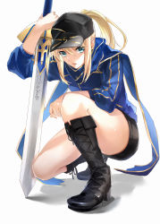 Rule 34 | 1girl, absurdres, ahoge, artoria pendragon (fate), baseball cap, bikini, blonde hair, blue eyes, blue scarf, braid, commentary request, fate/grand order, fate (series), hair between eyes, hat, highres, holding, hoshi rasuku, jacket, long hair, looking at viewer, mysterious heroine x (fate), ponytail, scarf, shorts, simple background, solo, swimsuit, sword, thighhighs, weapon, white background, yellow eyes