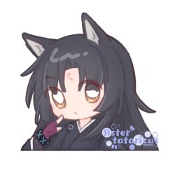 Rule 34 | 1girl, animal ear fluff, animal ears, arknights, artist name, black hair, black kimono, brown eyes, chibi, closed mouth, cropped torso, dog ears, facial mark, fingerless gloves, forehead, forehead mark, gloves, hand up, japanese clothes, kimono, kkkkuro, long hair, looking at viewer, parted bangs, purple gloves, saga (arknights), simple background, solo, upper body, white background