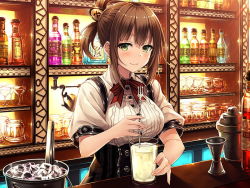 Rule 34 | 1girl, alcohol, bottle, bow, breasts, brown hair, drink, fork, green eyes, hair ornament, hazumi, ice bucket, indoors, large breasts, looking at viewer, red bow, short hair, short sleeves, solo, standing, wine bottle