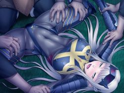 Rule 34 | 1girl, ahegao, alice walkure, armor, breasts, grass, imminent rape, large breasts, lilith-soft, multiple boys, restrained, taimaseiko alice, white hair, zol
