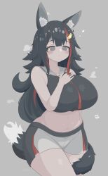 Rule 34 | 1girl, :&lt;, @ @, absurdres, alternate costume, animal ear fluff, animal ears, bare shoulders, black hair, black shorts, black tank top, blush, breasts, commentary, crop top, curvy, double-parted bangs, english commentary, flipped hair, gabai, grey background, grey eyes, grey hair, hair ornament, hairclip, hand on own chest, heart, highres, hololive, huge breasts, long hair, midriff, miofa (ookami mio), mixed-language commentary, multicolored clothes, multicolored hair, multicolored shorts, navel, necktie, ookami mio, red hair, red necktie, red shorts, sailor collar, shorts, sidelocks, solo, steam, steaming body, stomach, streaked hair, tail, tail around own leg, tail wrap, tank top, variant set, virtual youtuber, white shorts, wide hips, wolf ears, wolf girl, wolf tail